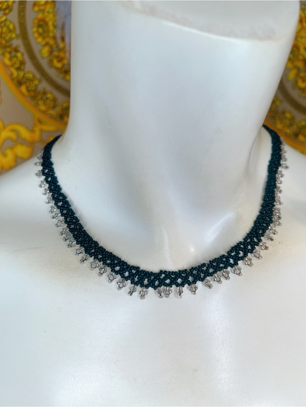 Black silver bead 16” choker or necklace beaded boho